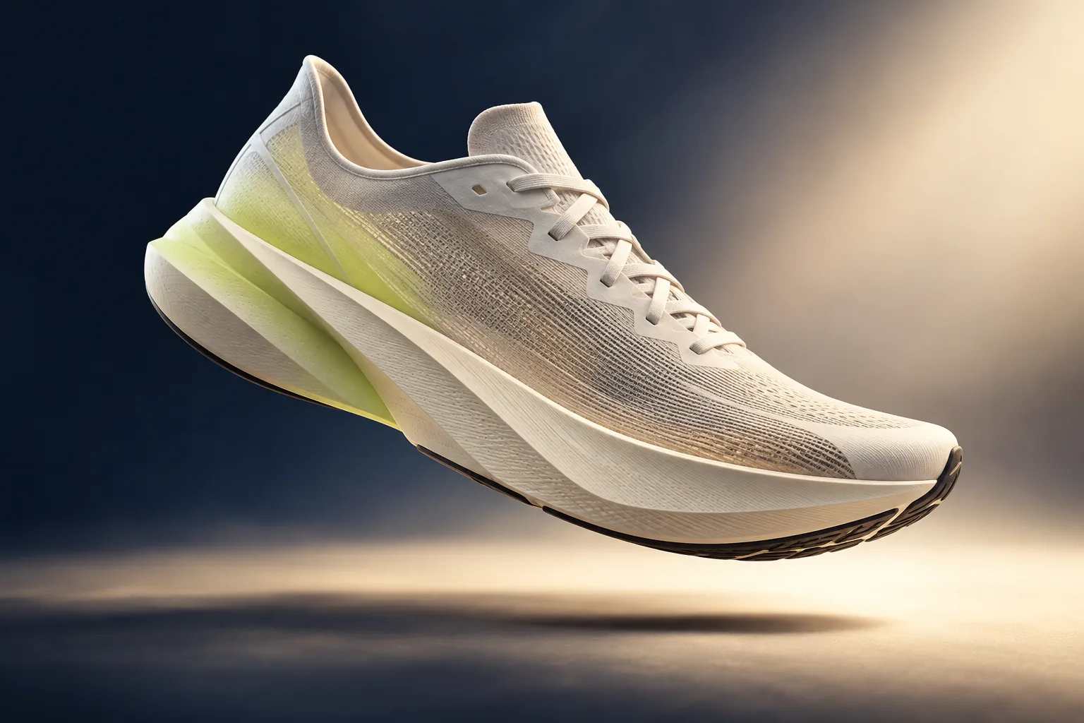 Unbranded cream road racing shoe concept against a navy studio background