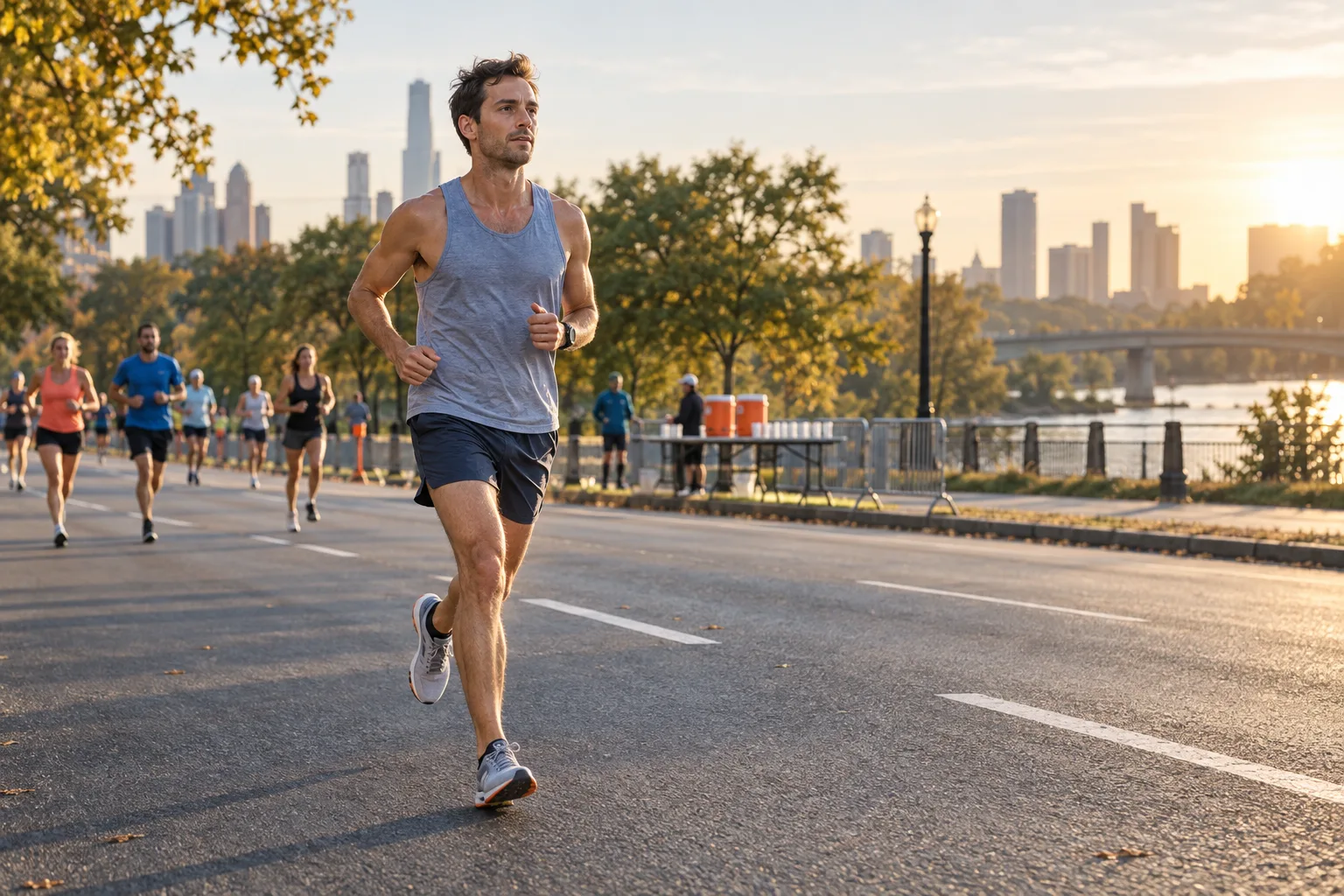 Recreational marathon runner holding a relaxed pace on a city parkway early in a road race