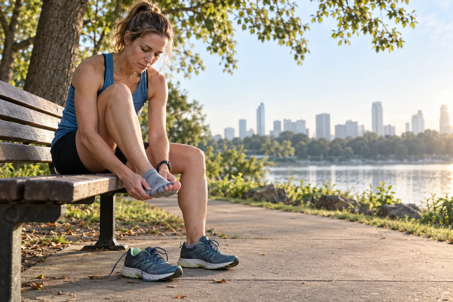 Runner seated after a run, checking her sock and toes beside her running shoes