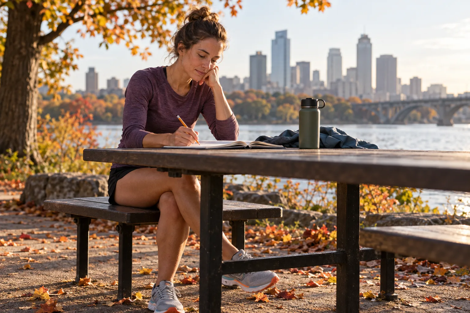 Runner reviewing a paper training log at a park table after an autumn run