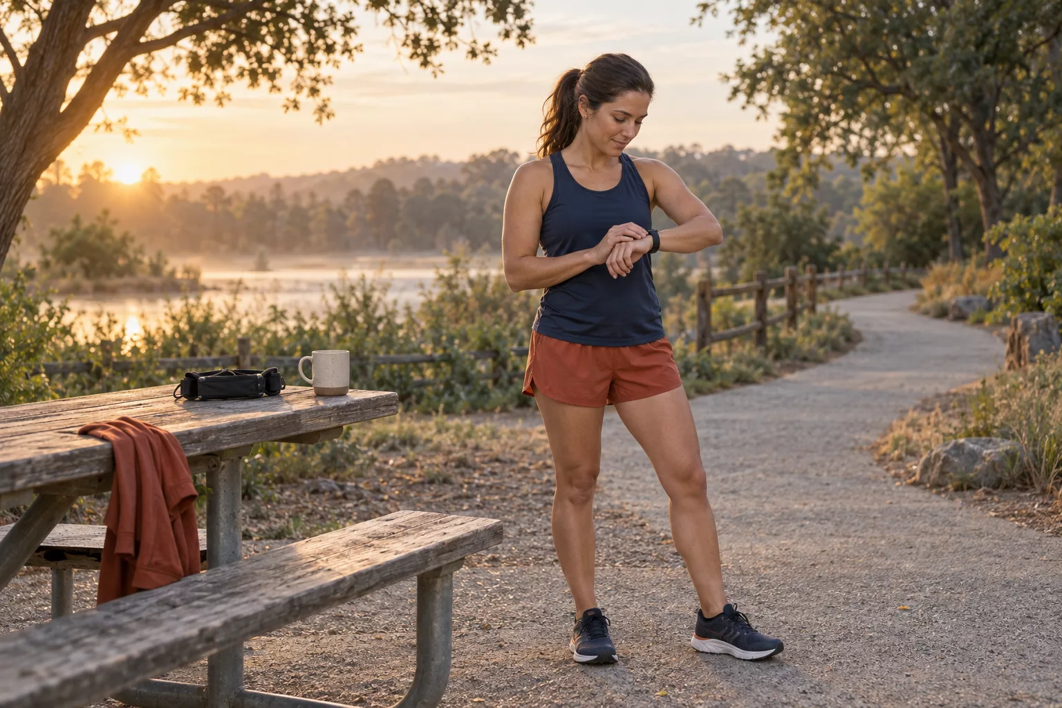 Runner checking an unbranded watch beside a plain coffee mug at sunrise