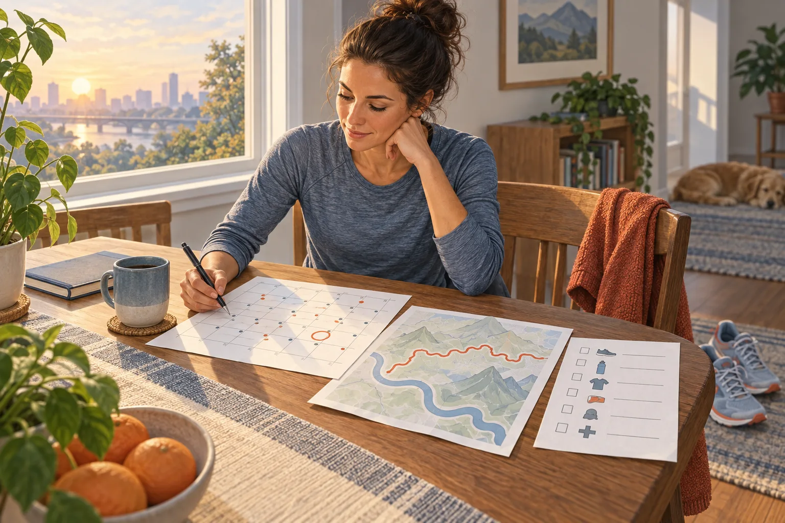 Runner comparing a calendar, route map, and race checklist at a sunlit table