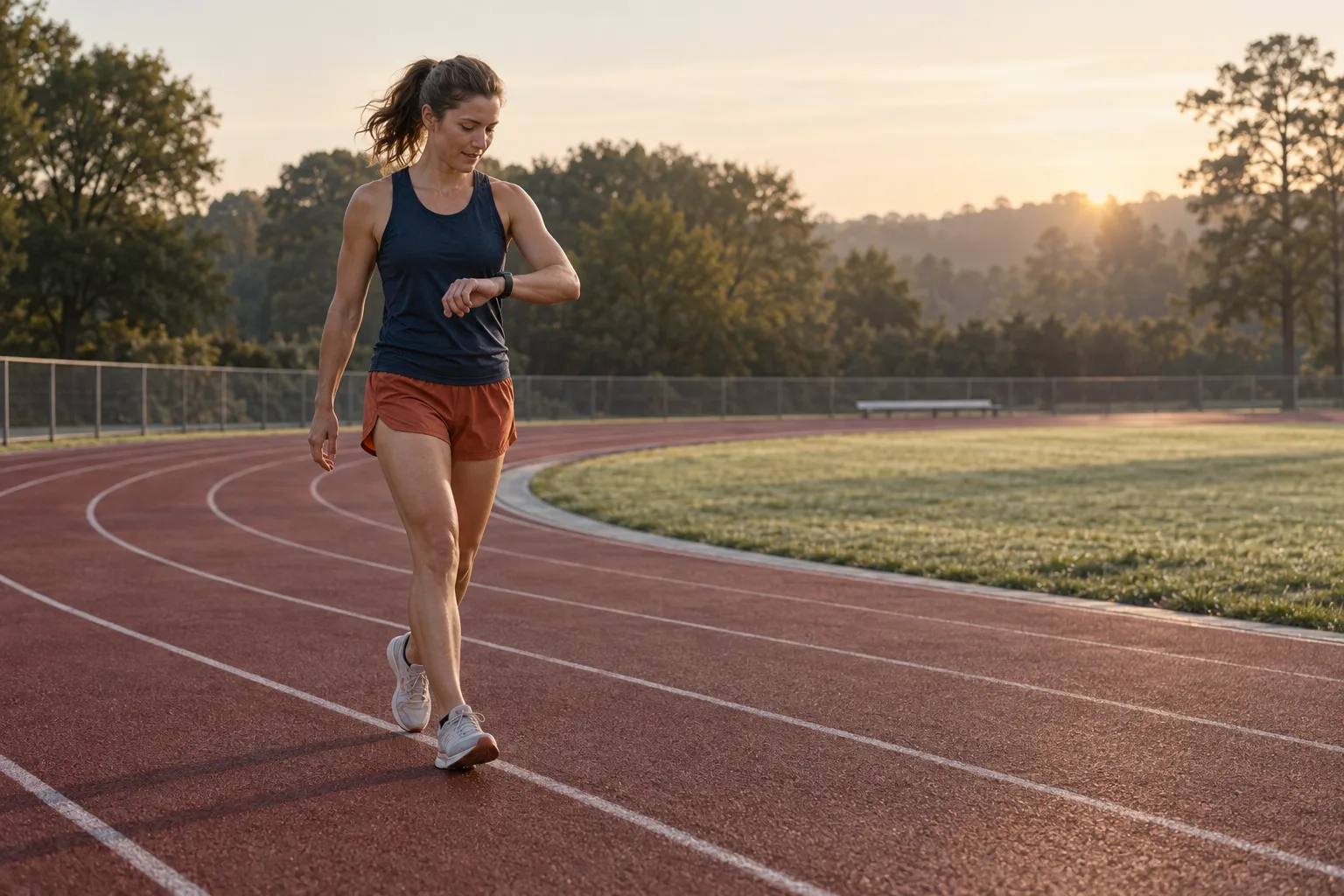 Recreational runner checking an unbranded sports watch after a controlled track effort at sunrise