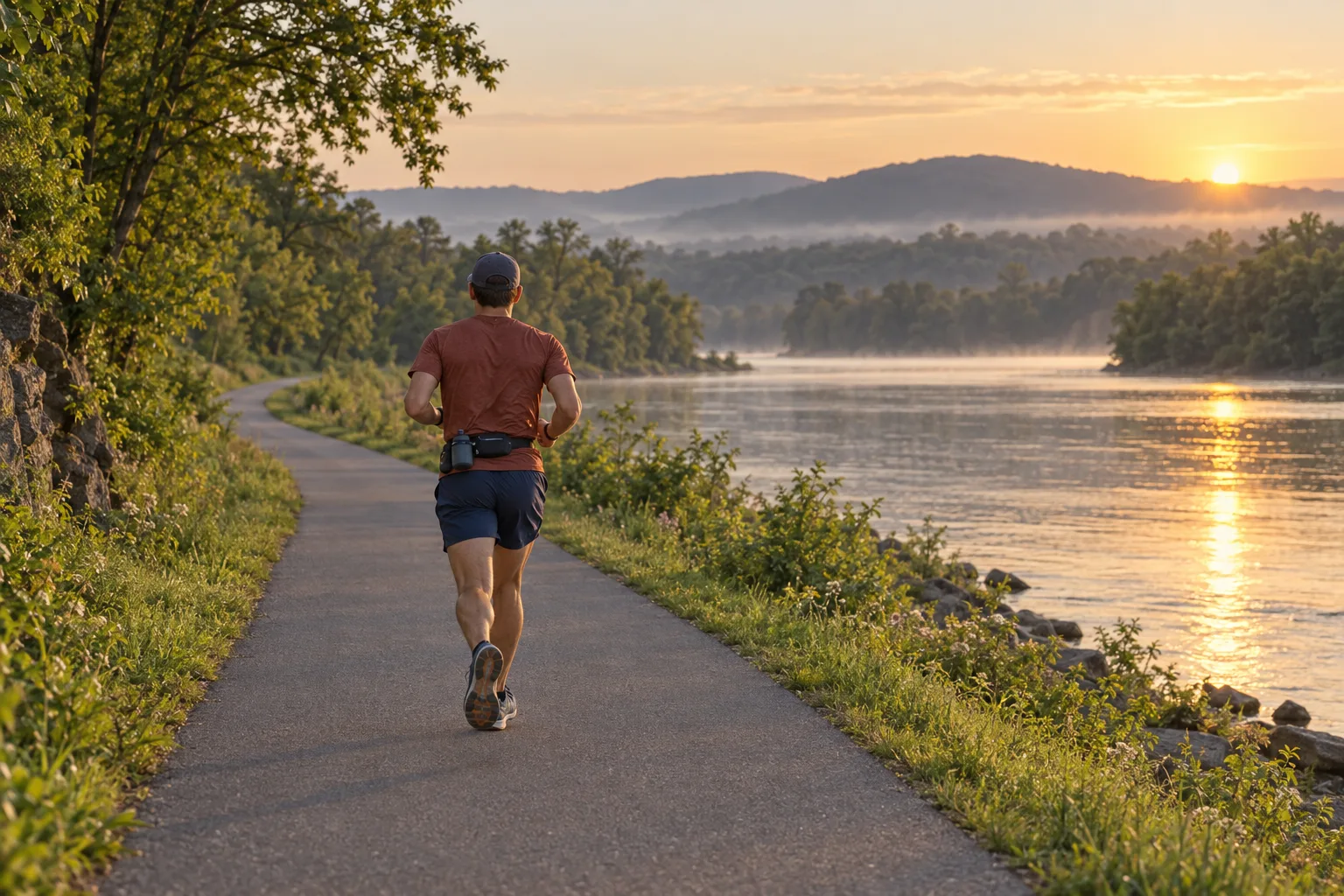 Runner with a hydration belt following a winding riverside path at sunrise