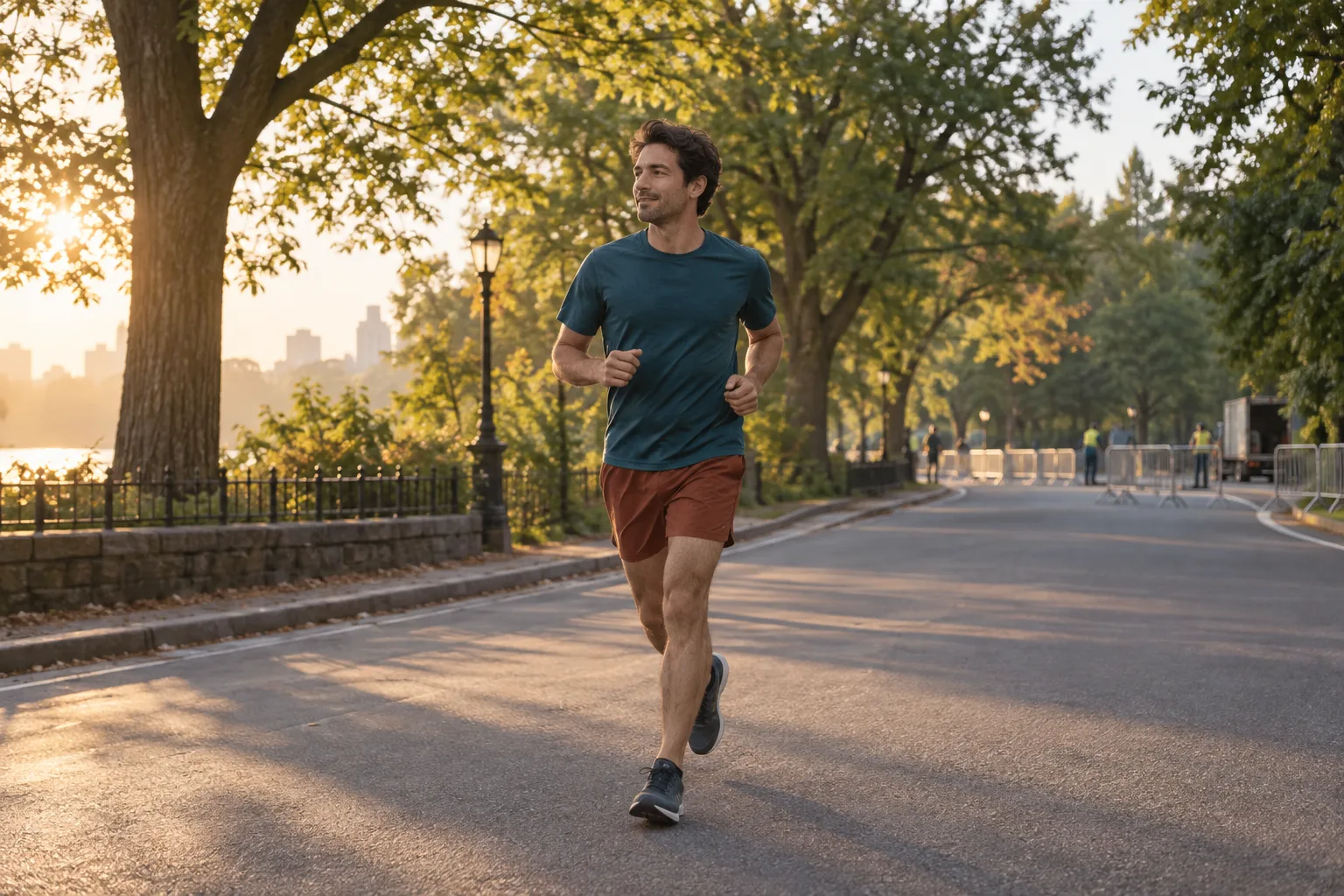 Runner taking a relaxed shakeout jog on a park road before race day