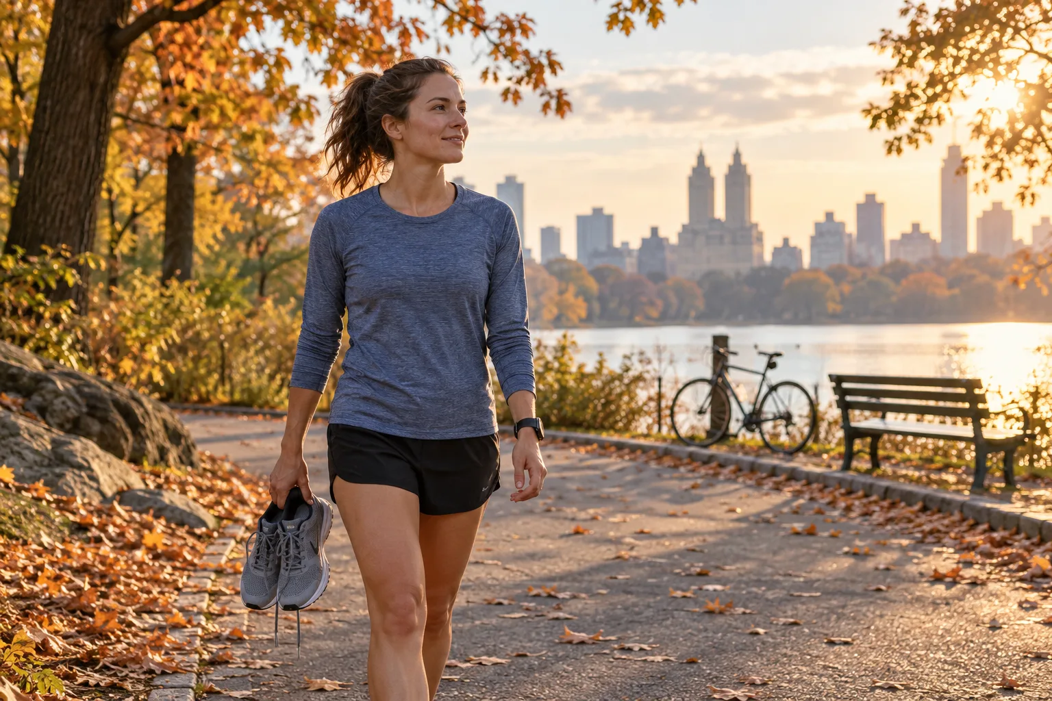 Runner walking through an autumn city park with running shoes in hand and a bicycle in the background