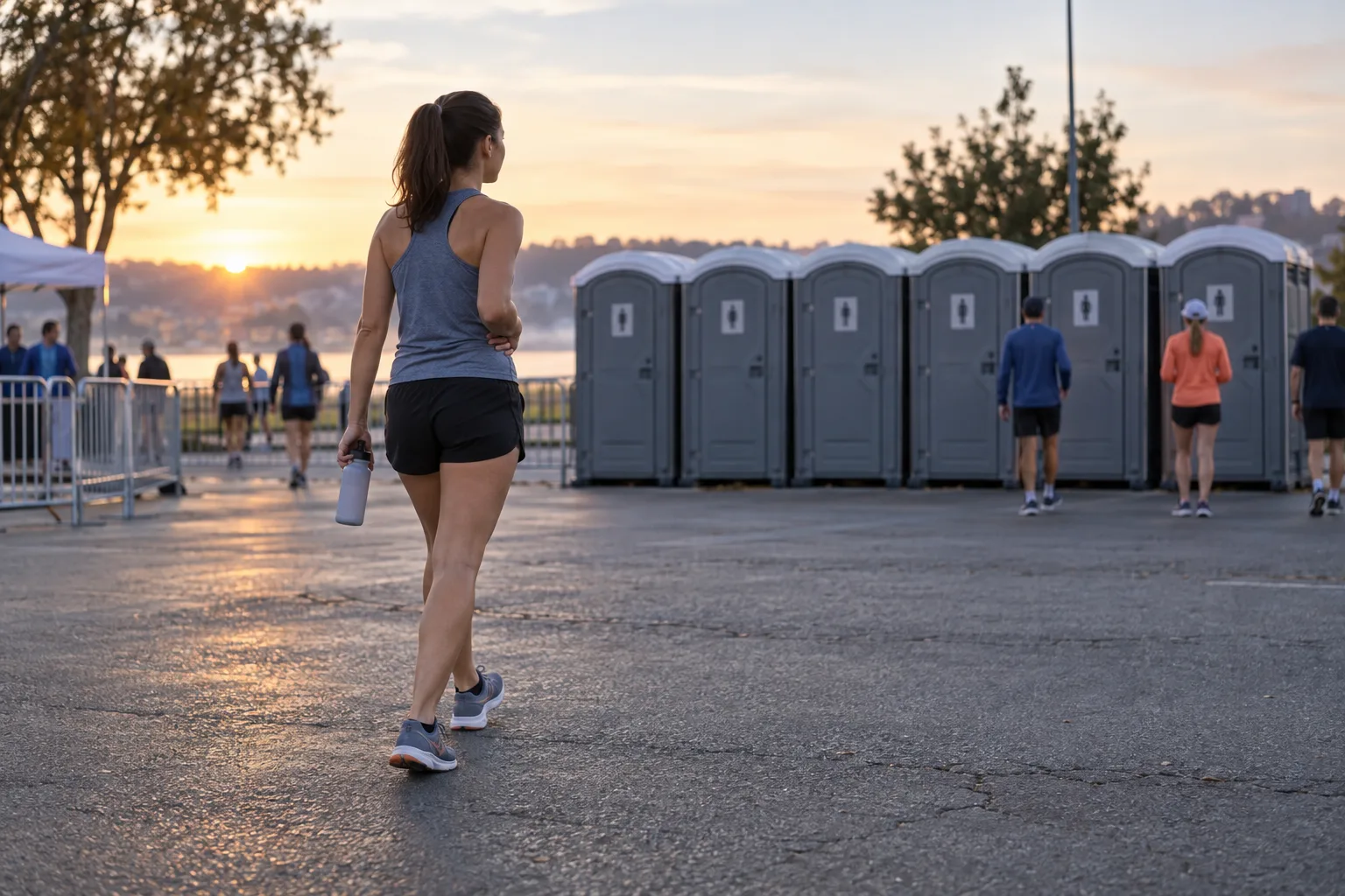 Recreational runner walking toward portable restrooms before a dawn road race