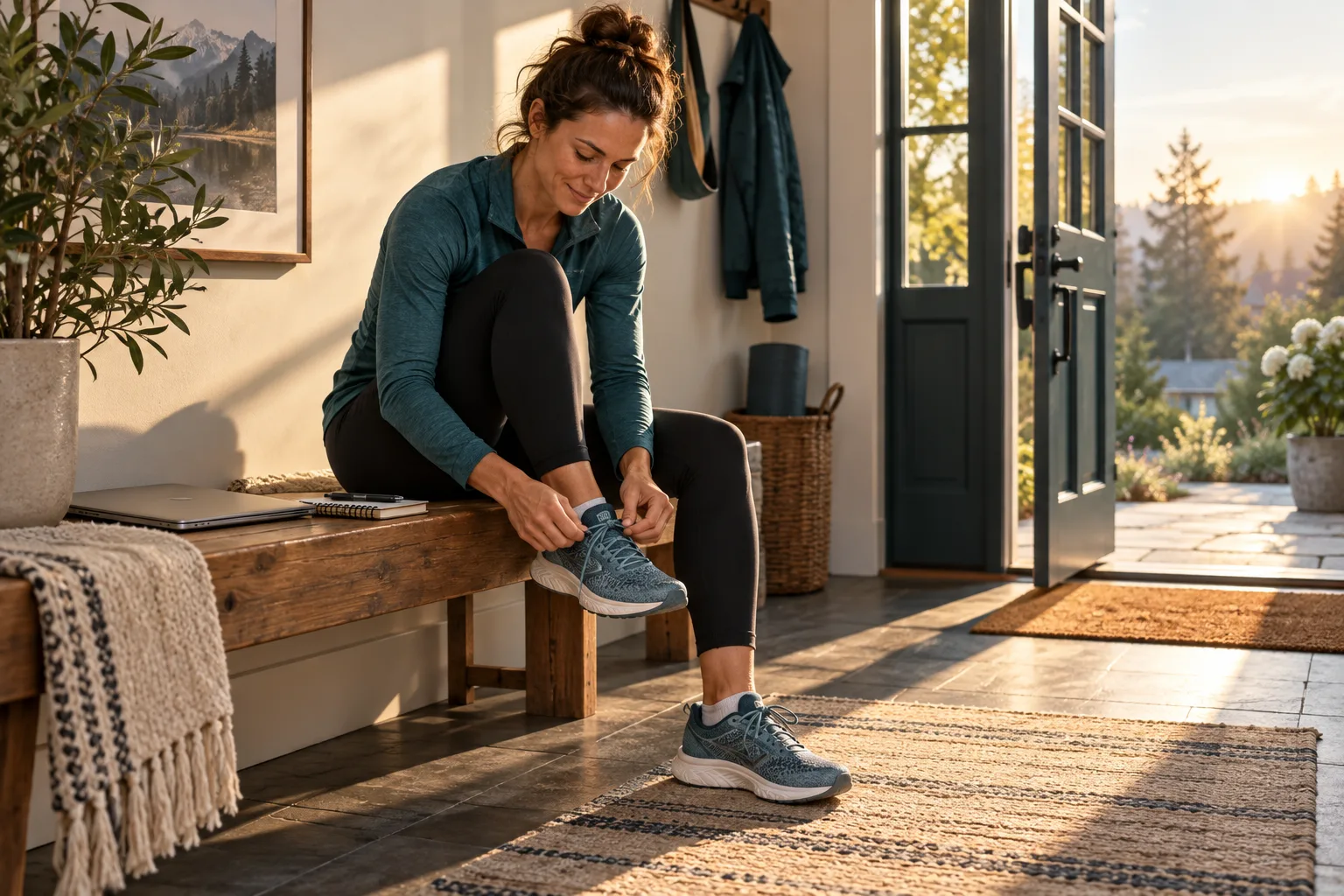 Runner tying a shoe on an entryway bench beside a closed laptop and notebook
