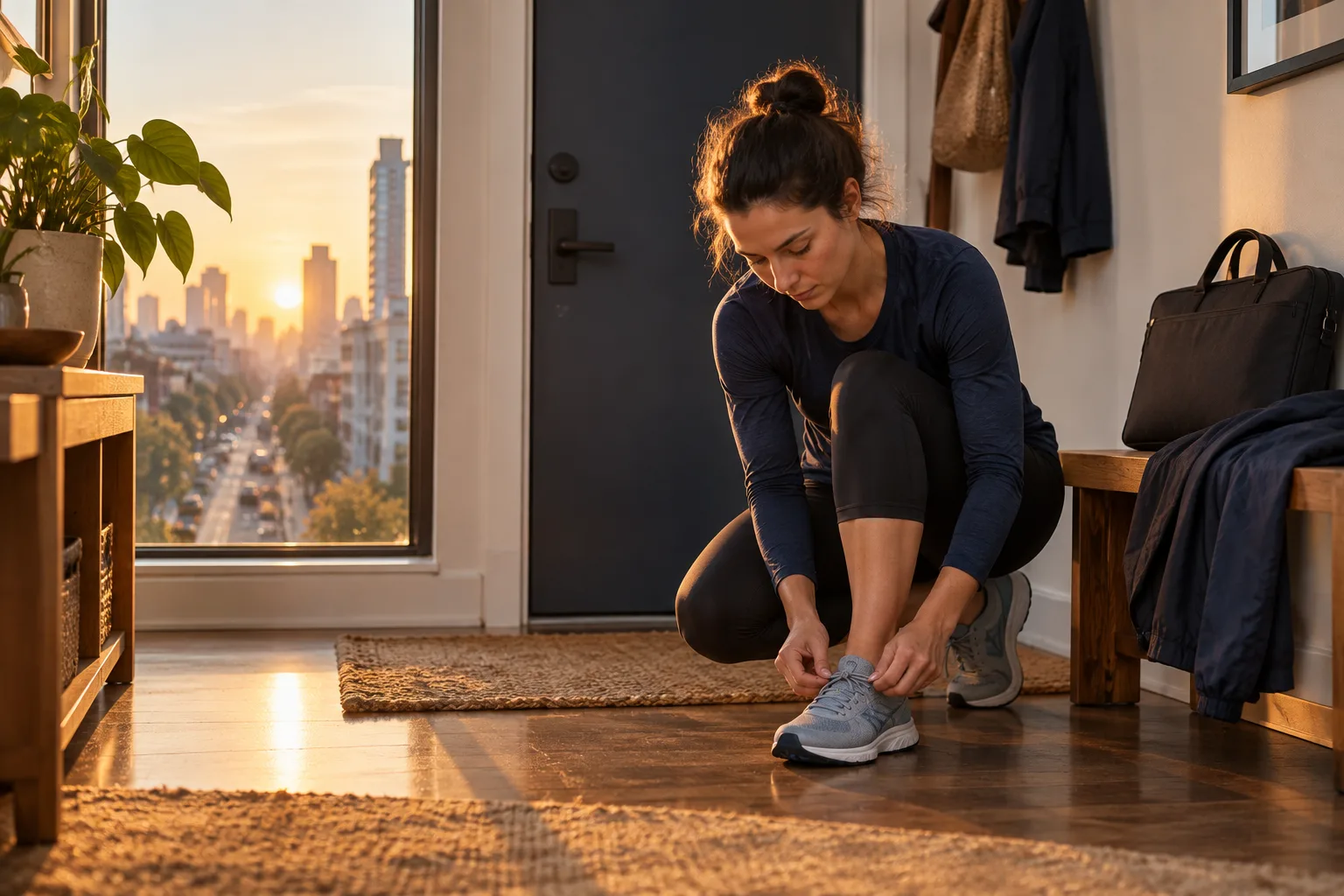 Runner tying a shoe beside a work bag in an apartment at sunrise