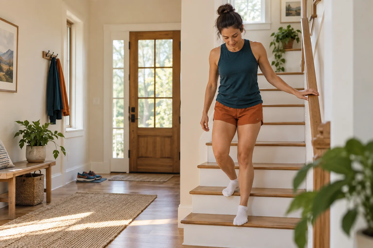 Runner carefully walking downstairs in warm morning light after a hard workout