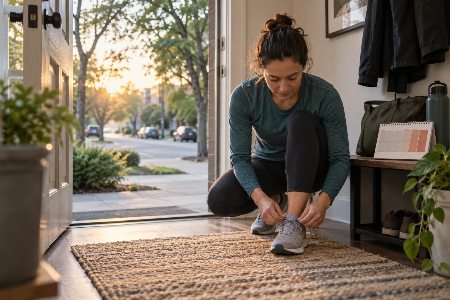 Recreational runner tying a shoe by an open apartment door at dawn with a simple weekly planner nearby