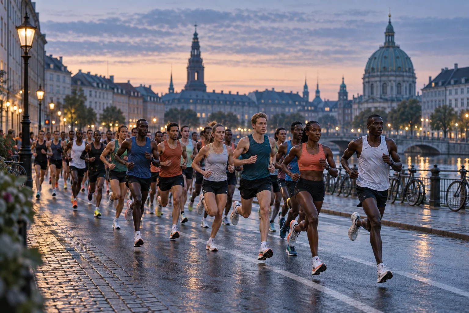 International pack of road runners racing beside a Copenhagen canal at dawn
