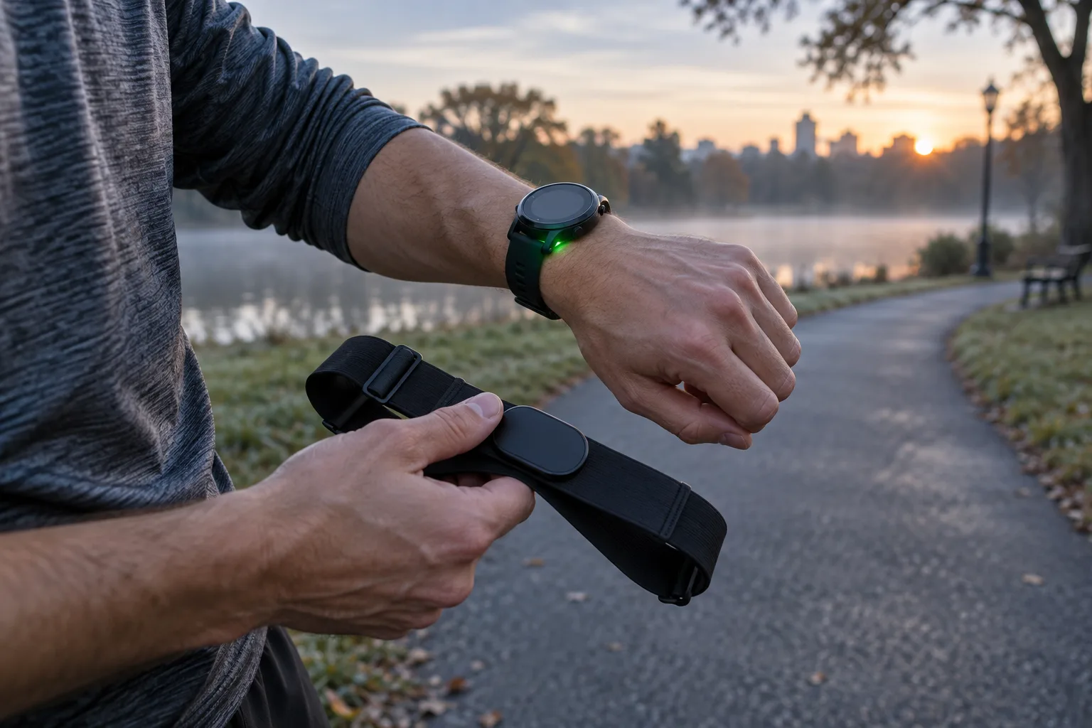 Runner comparing an unbranded wrist sports watch with a black chest-strap heart-rate monitor before a dawn run