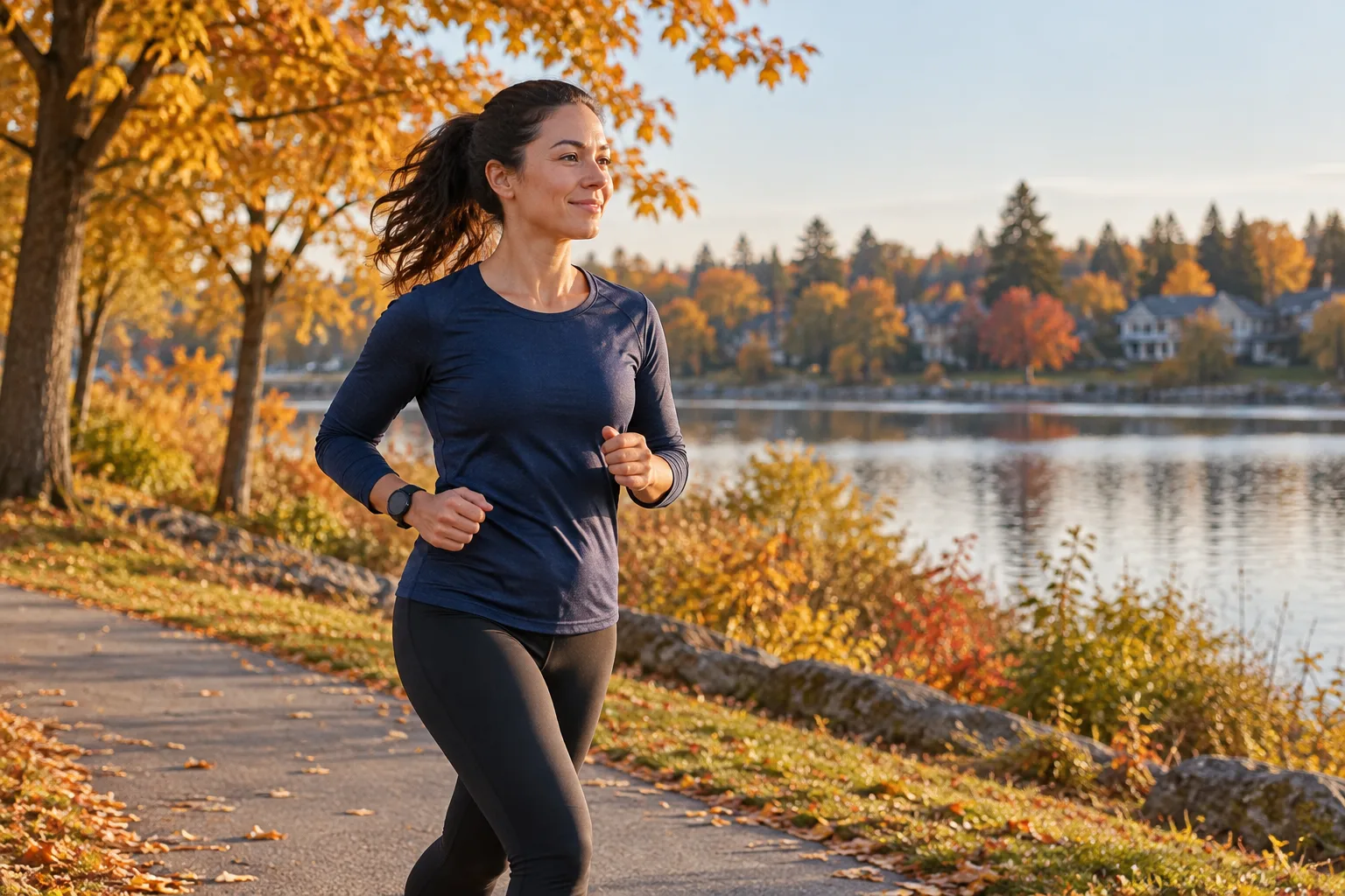 Runner wearing a plain sports watch jogging along an autumn park path